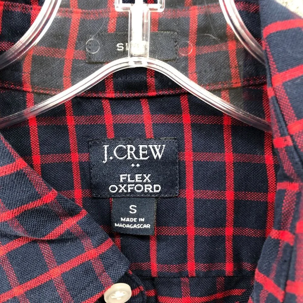 J. Crew Flex Oxford Shirt‎ Mens S Slim Fit Long Sleeve Navy Blue Red Check Plaid